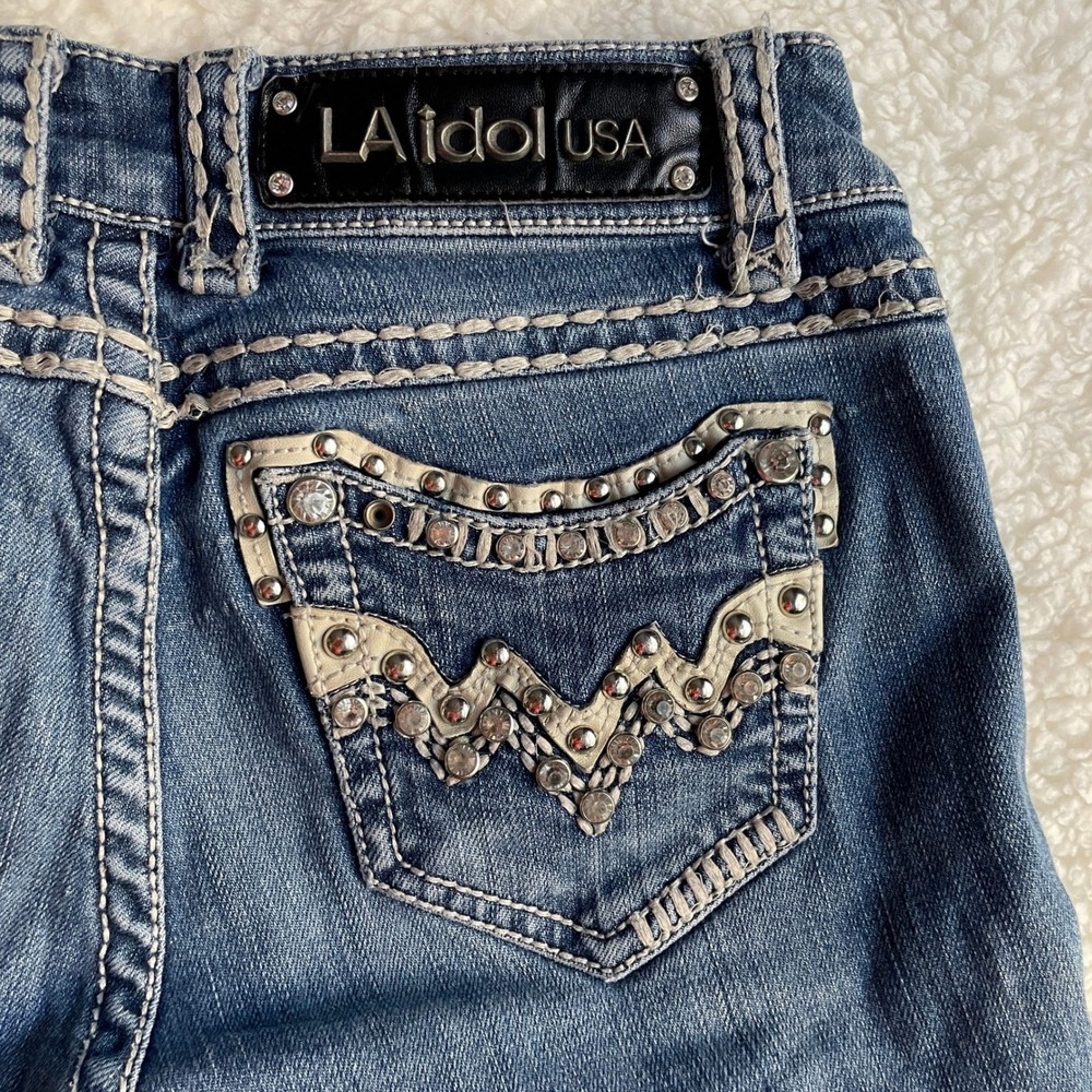 LA Idol USA Denim Cotton Women Size 3 Embellished Capri Jeans Medium Wash Y2K